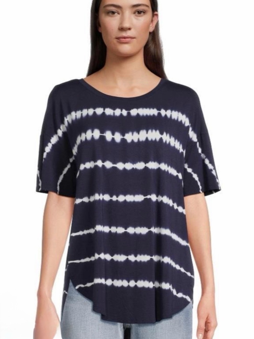 Time and Tru Navy and White Tie-Dye Stripped Short Sleeve Tee